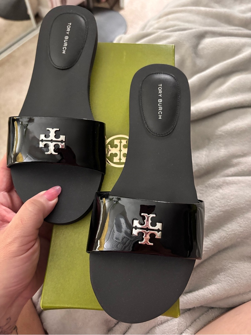 Tory Burch Black Patent Logo Slide Sandals with Silver Emblem